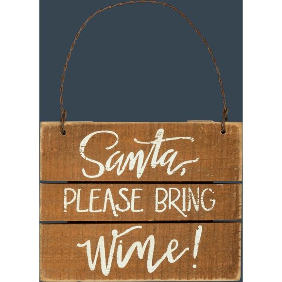 Mini Wooden Sign "Santa Please Bring Wine!" Rustic Christmas Decor Wire Hanger - Picture 1 of 3